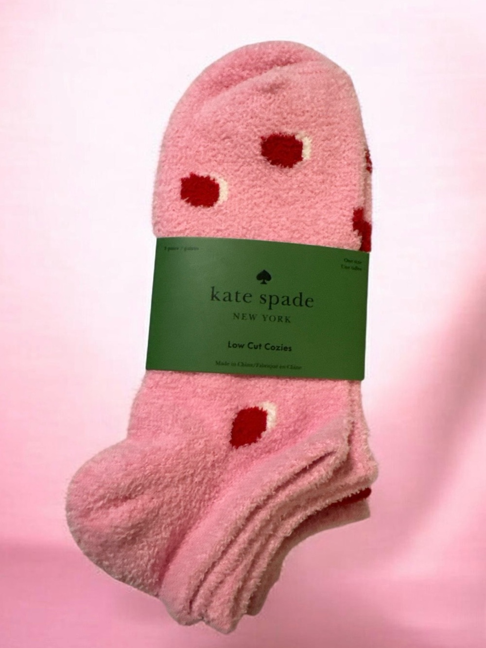 kate spade Pink fuzzy Socks with Red Heart Dots